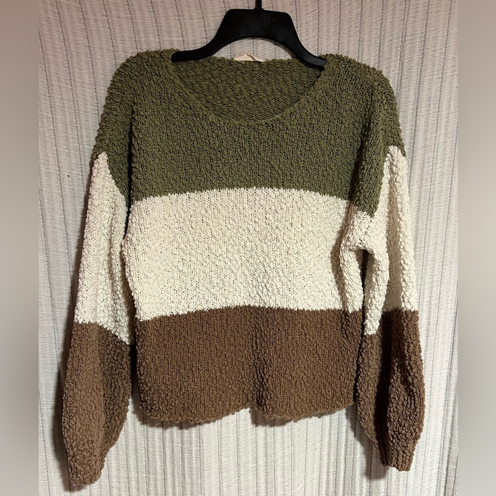 Altar'd State Olive, Cream, and Brown Crew Neck Sweater